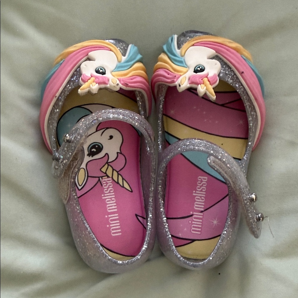 Mini Melissa Silver Glitter Unicorn Mary Jane Shoes with Pink Insole